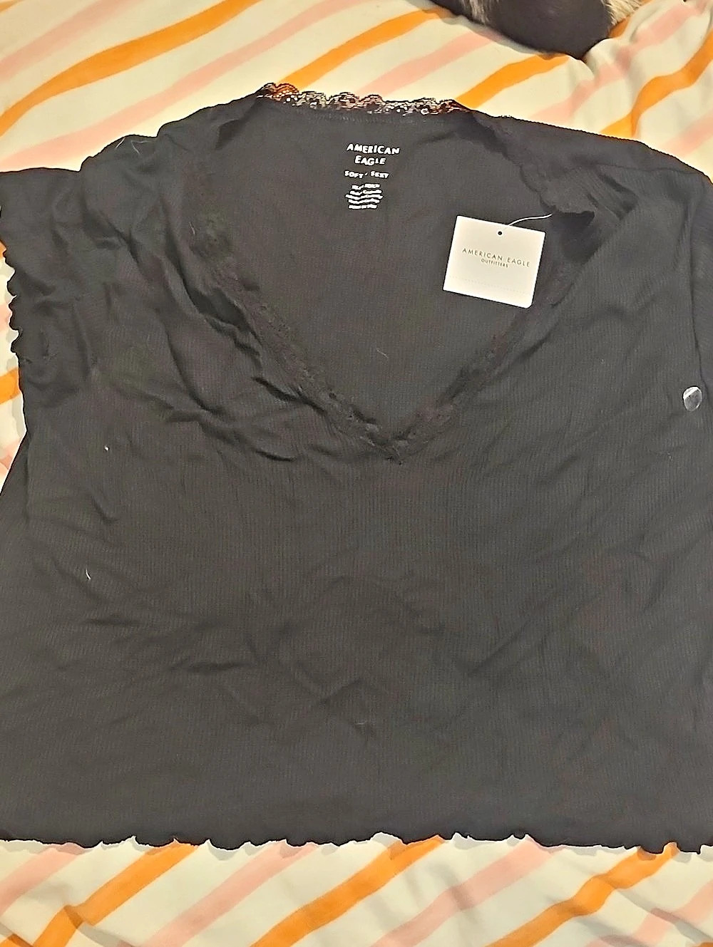NWT American Eagle Ribbed Lace-Trim Top Black Size Small